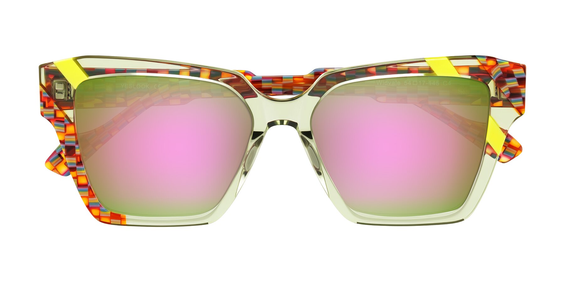 Folded Front of Widvale in Sage Mosaic with Pink Mirrored Lenses