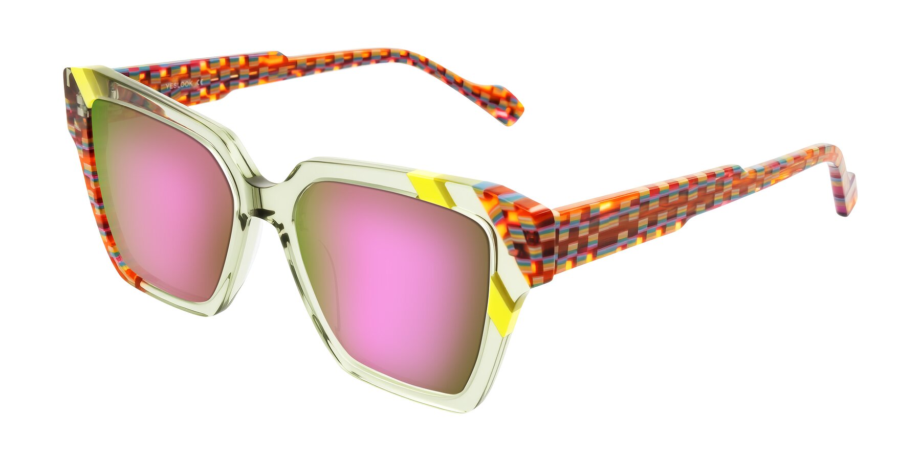 Angle of Widvale in Sage Mosaic with Pink Mirrored Lenses