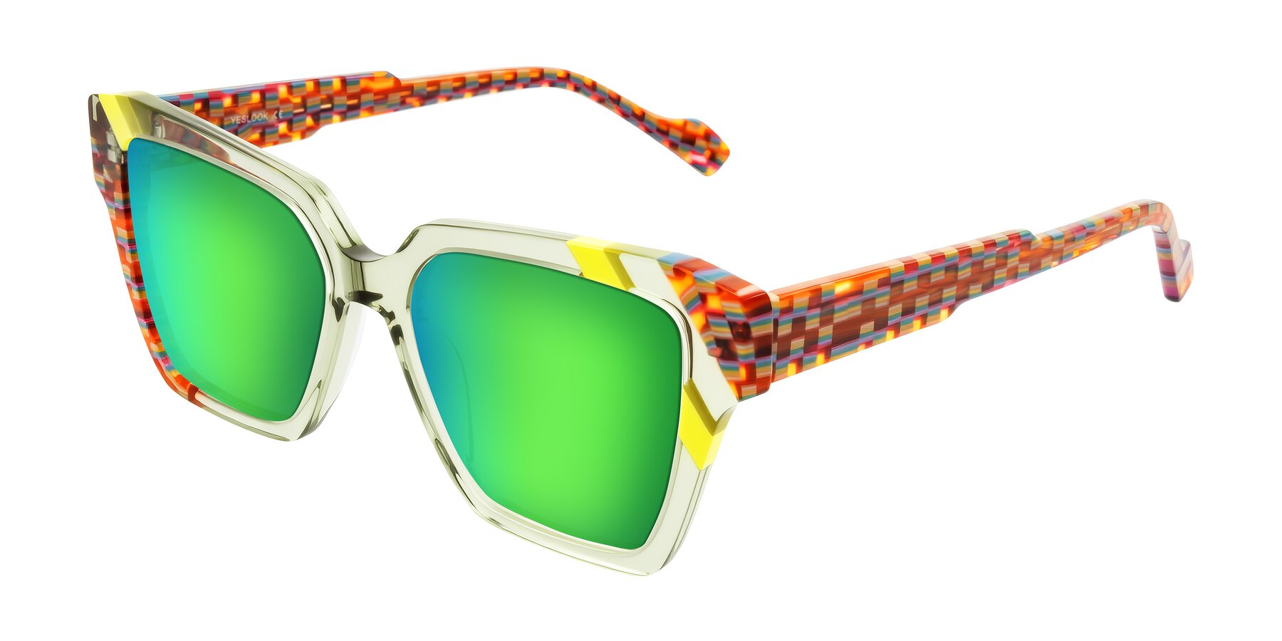 Angle of Widvale in Sage Mosaic with Green Mirrored Lenses