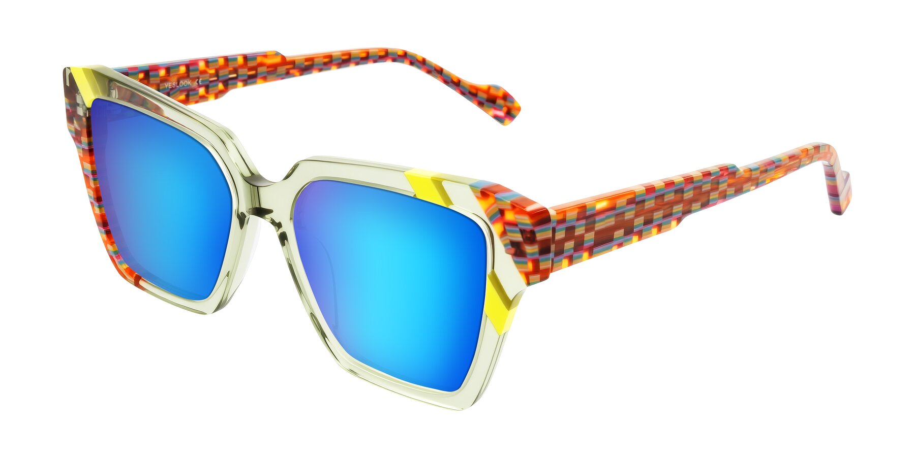 Angle of Widvale in Sage Mosaic with Blue Mirrored Lenses