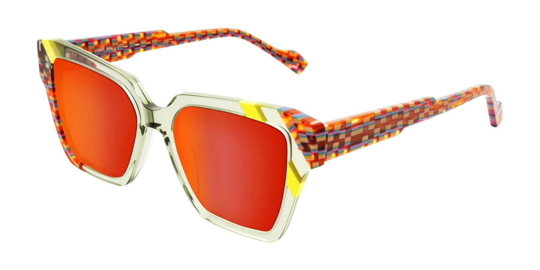 Angle of Widvale in Sage Mosaic with Red Gold Mirrored Lenses