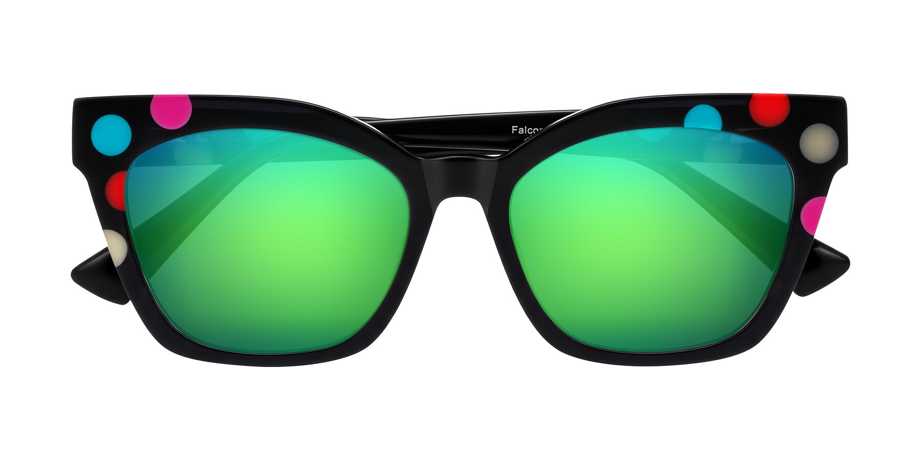 Folded Front of Falcon in Midnight Spots with Green Mirrored Lenses