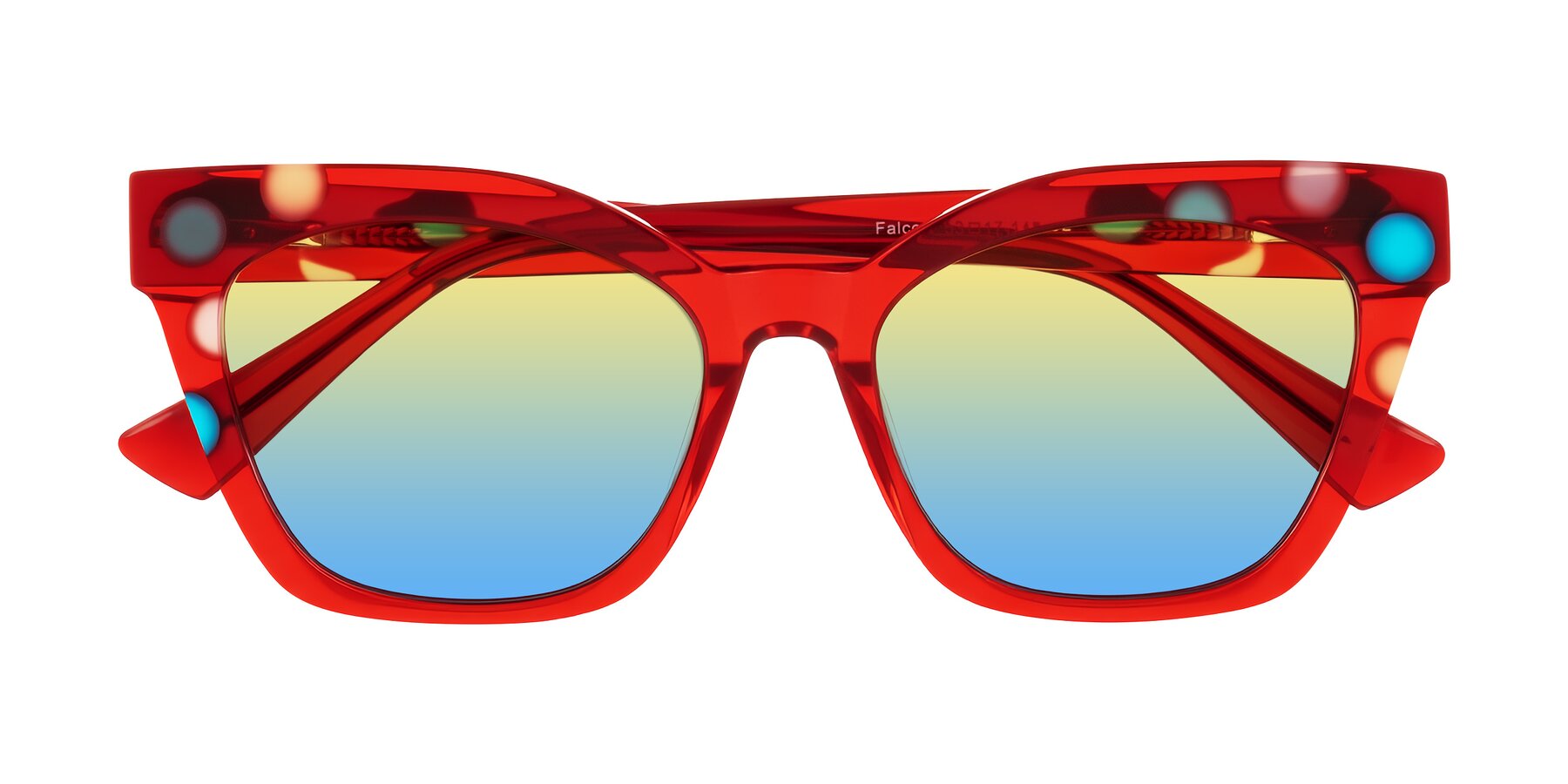 Ladybug Red Retro-Vintage Acetate Cat-Eye Gradient Sunglasses with Yellow / Blue Sunwear Lenses - Falcon