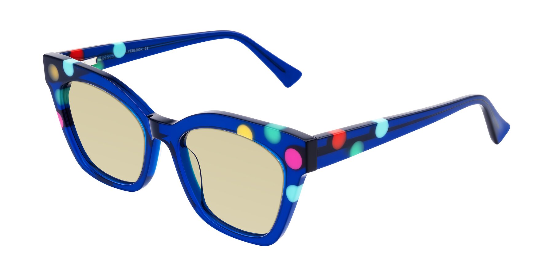 Angle of Falcon in Blue Confetti with Light Champagne Tinted Lenses