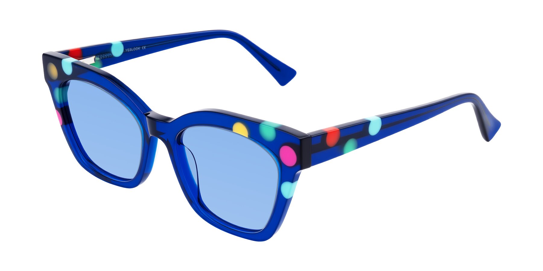 Angle of Falcon in Blue Confetti with Medium Blue Tinted Lenses