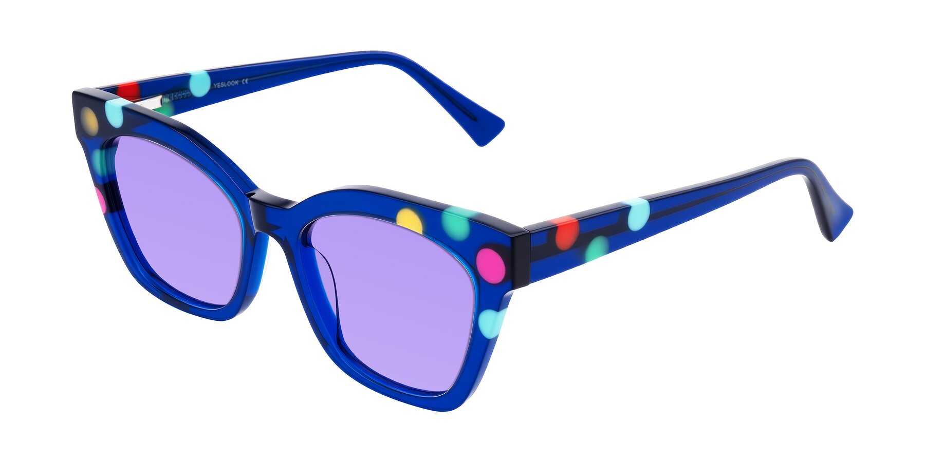 Angle of Falcon in Blue Confetti with Medium Purple Tinted Lenses