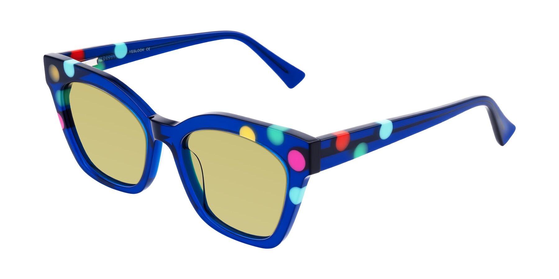 Angle of Falcon in Blue Confetti with Medium Champagne Tinted Lenses