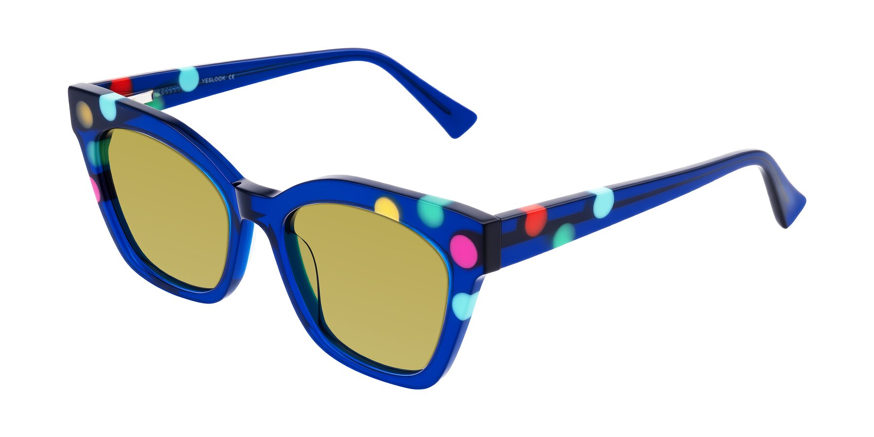 Angle of Falcon in Blue Confetti with Champagne Tinted Lenses