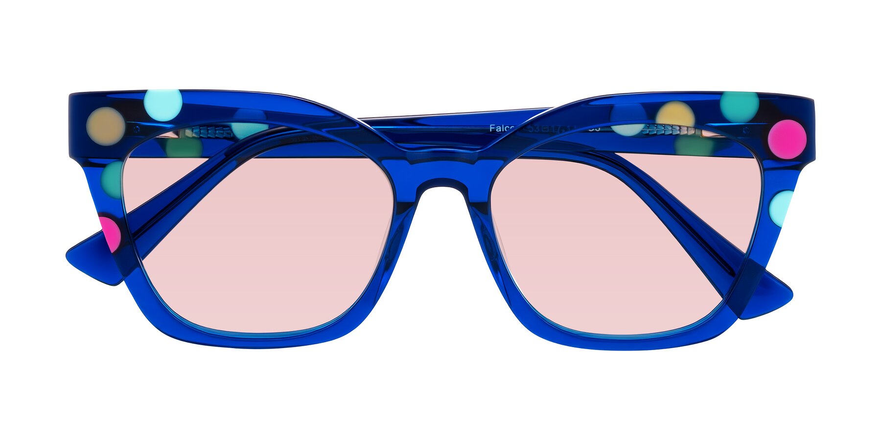 Folded Front of Falcon in Blue Confetti with Light Garnet Tinted Lenses