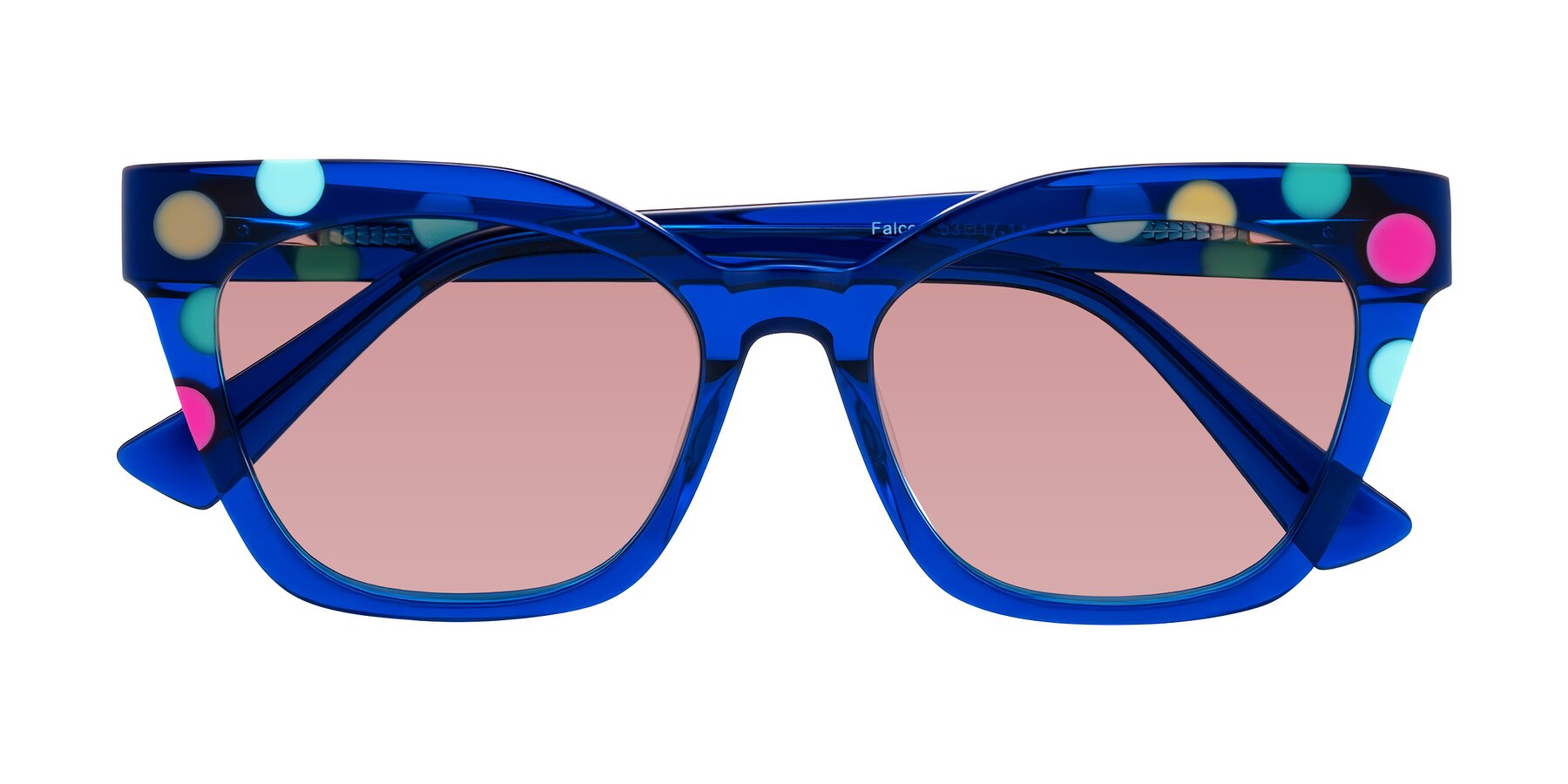 Folded Front of Falcon in Blue Confetti with Medium Garnet Tinted Lenses
