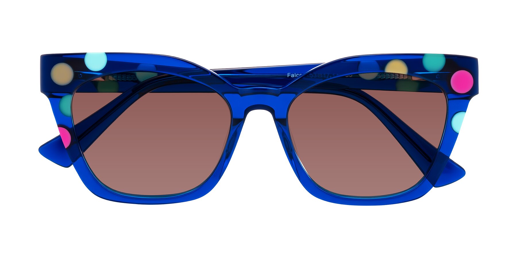 Folded Front of Falcon in Blue Confetti with Garnet Tinted Lenses