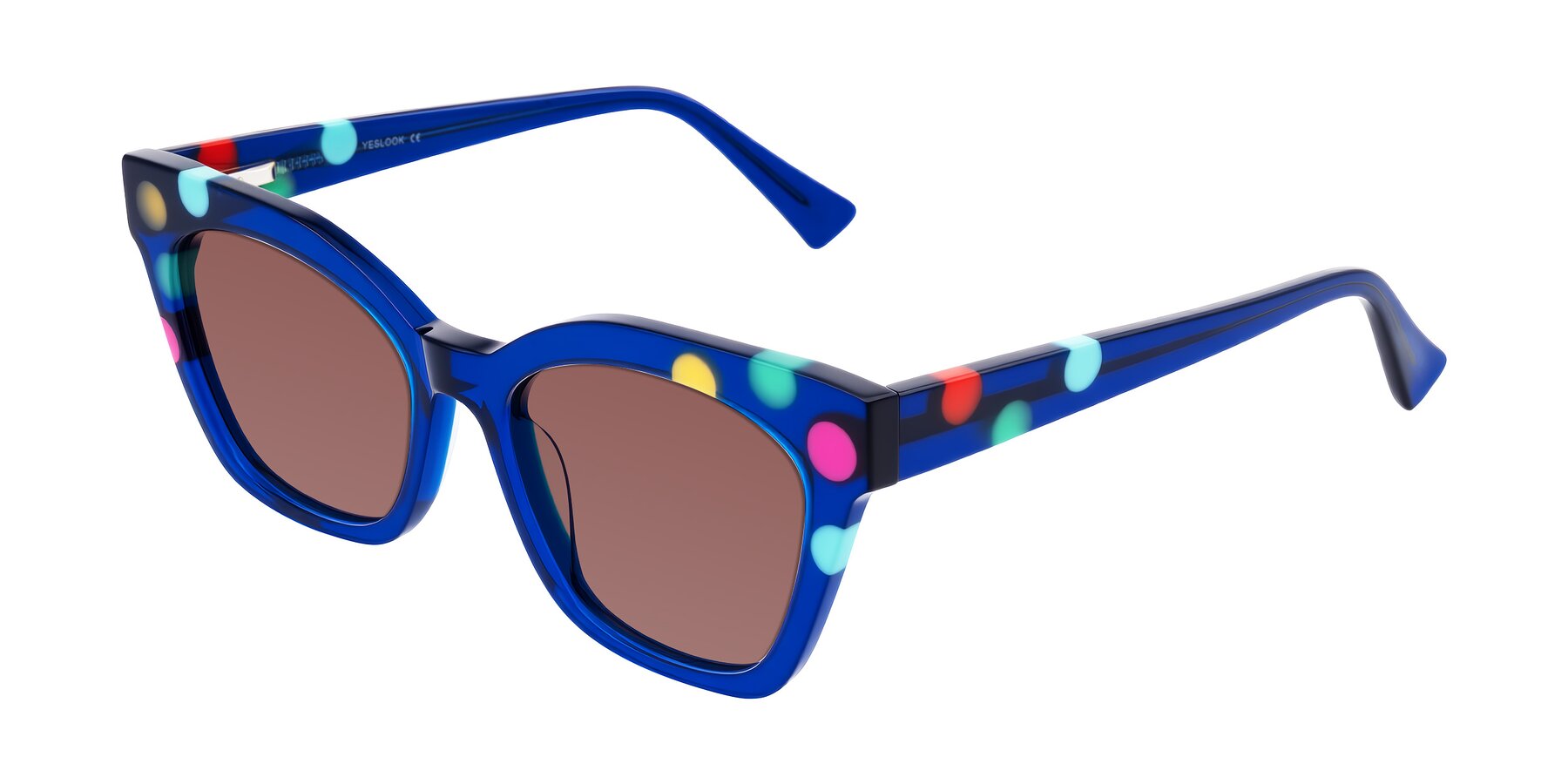 Angle of Falcon in Blue Confetti with Garnet Tinted Lenses
