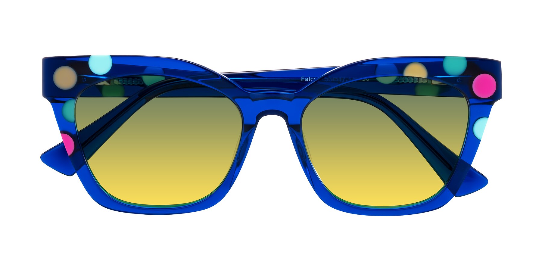 Folded Front of Falcon in Blue Confetti with Green / Yellow Gradient Lenses