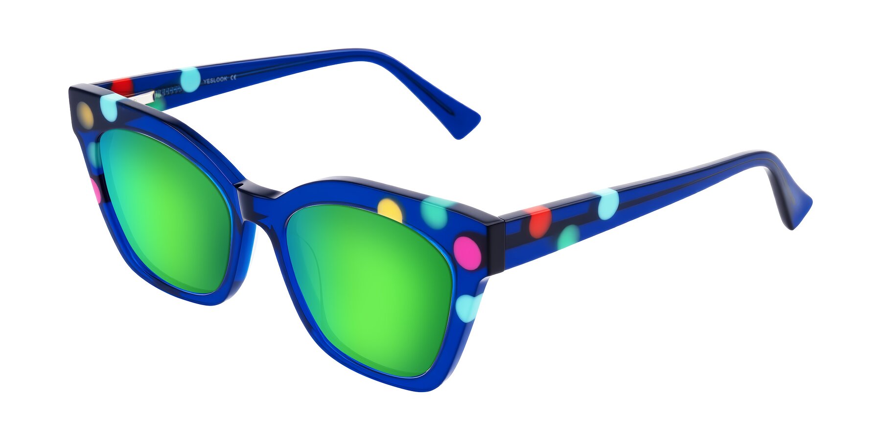 Angle of Falcon in Blue Confetti with Green Mirrored Lenses