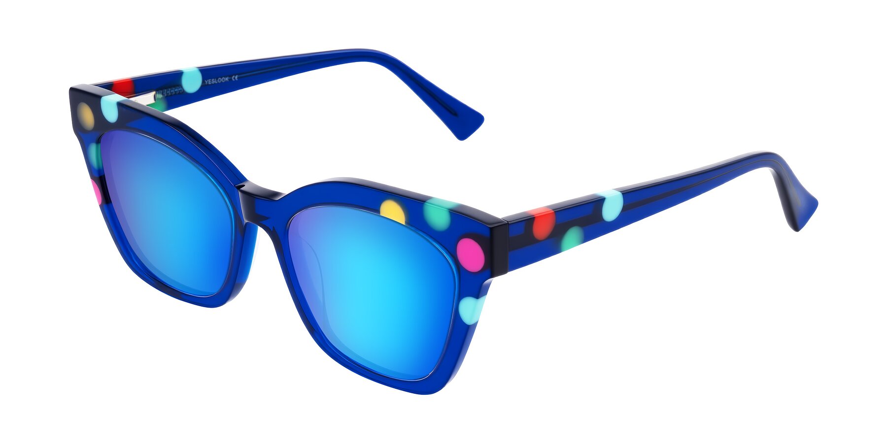 Angle of Falcon in Blue Confetti with Blue Mirrored Lenses