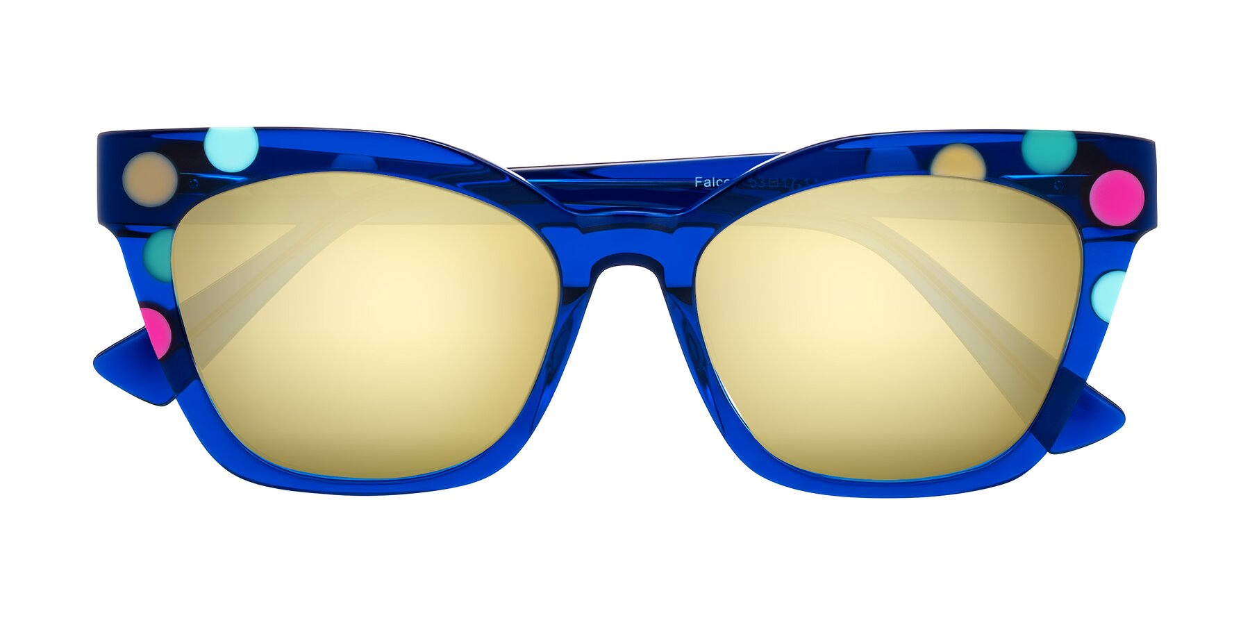 Folded Front of Falcon in Blue Confetti with Gold Mirrored Lenses