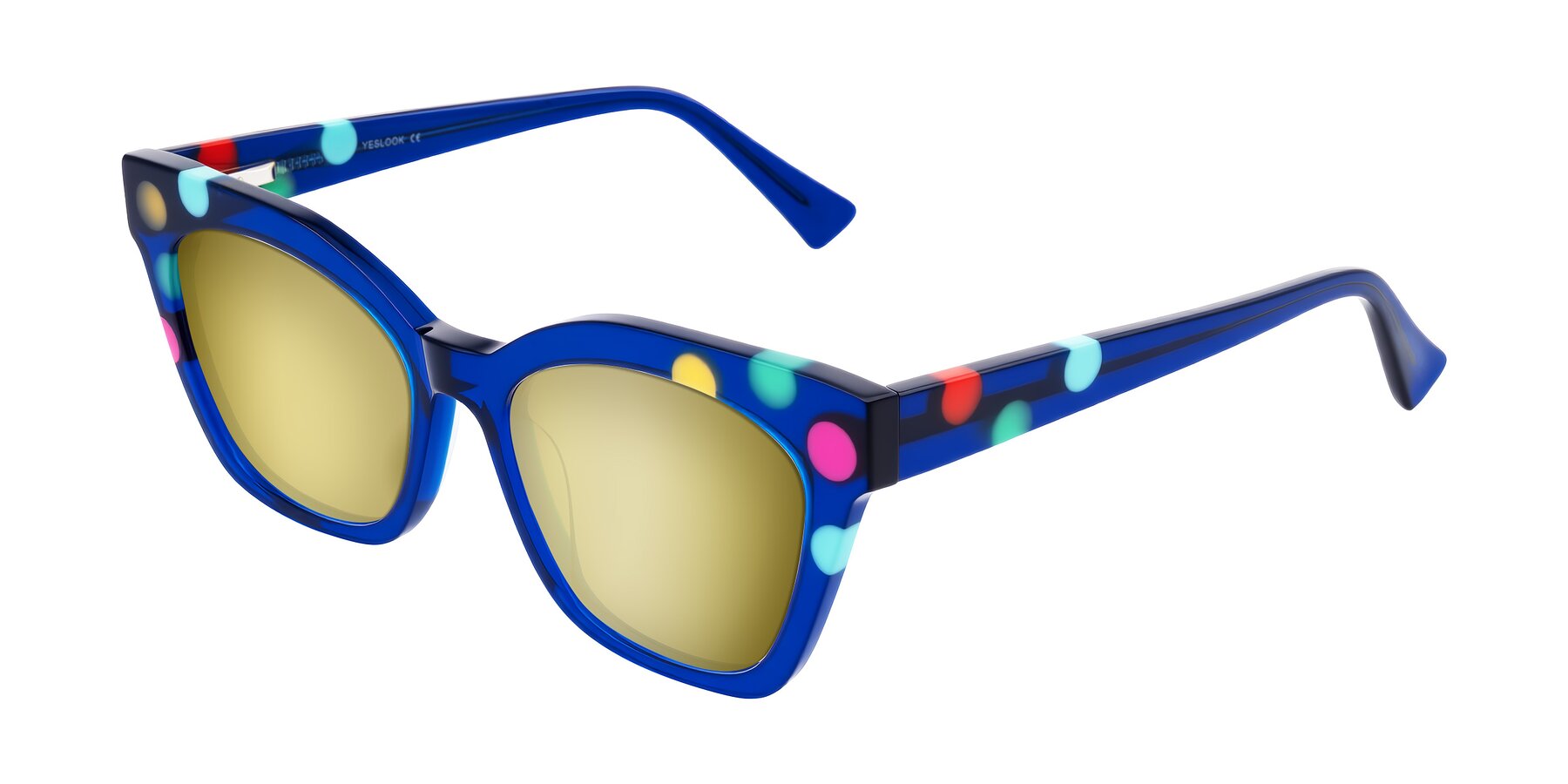 Angle of Falcon in Blue Confetti with Gold Mirrored Lenses