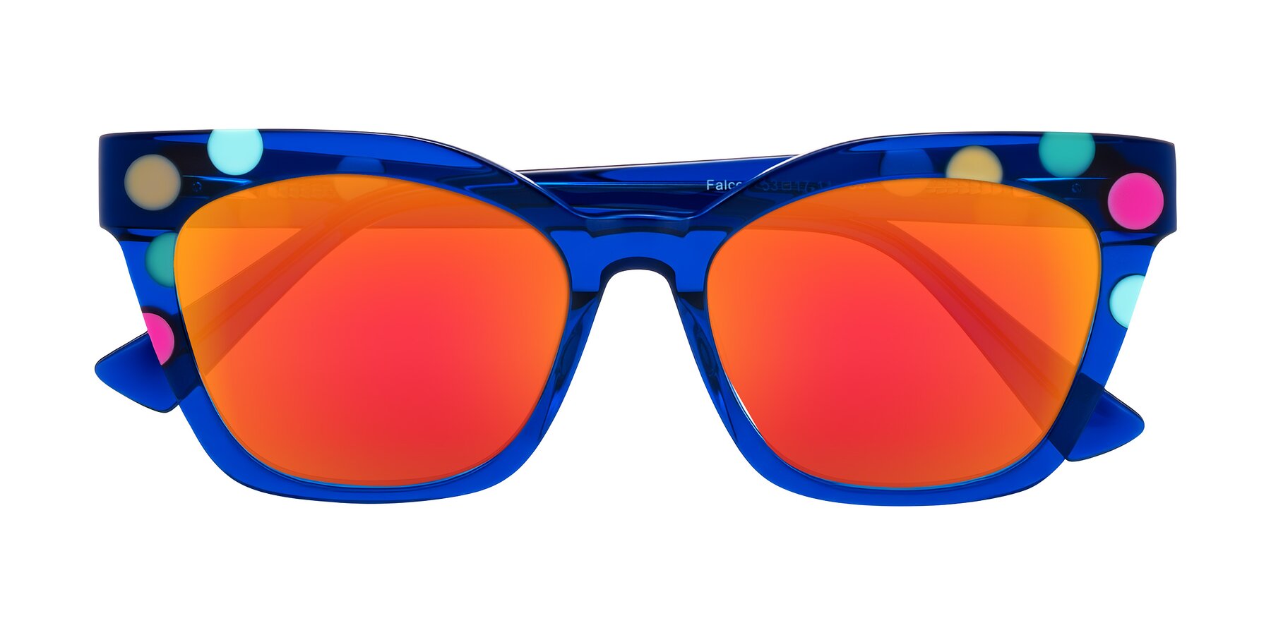 Folded Front of Falcon in Blue Confetti with Red Gold Mirrored Lenses