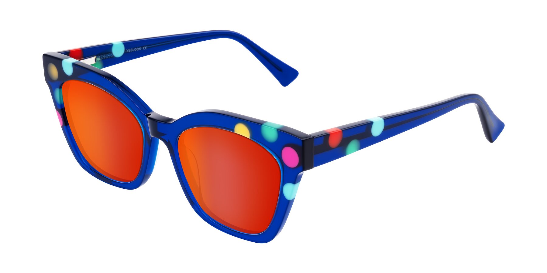 Angle of Falcon in Blue Confetti with Red Gold Mirrored Lenses