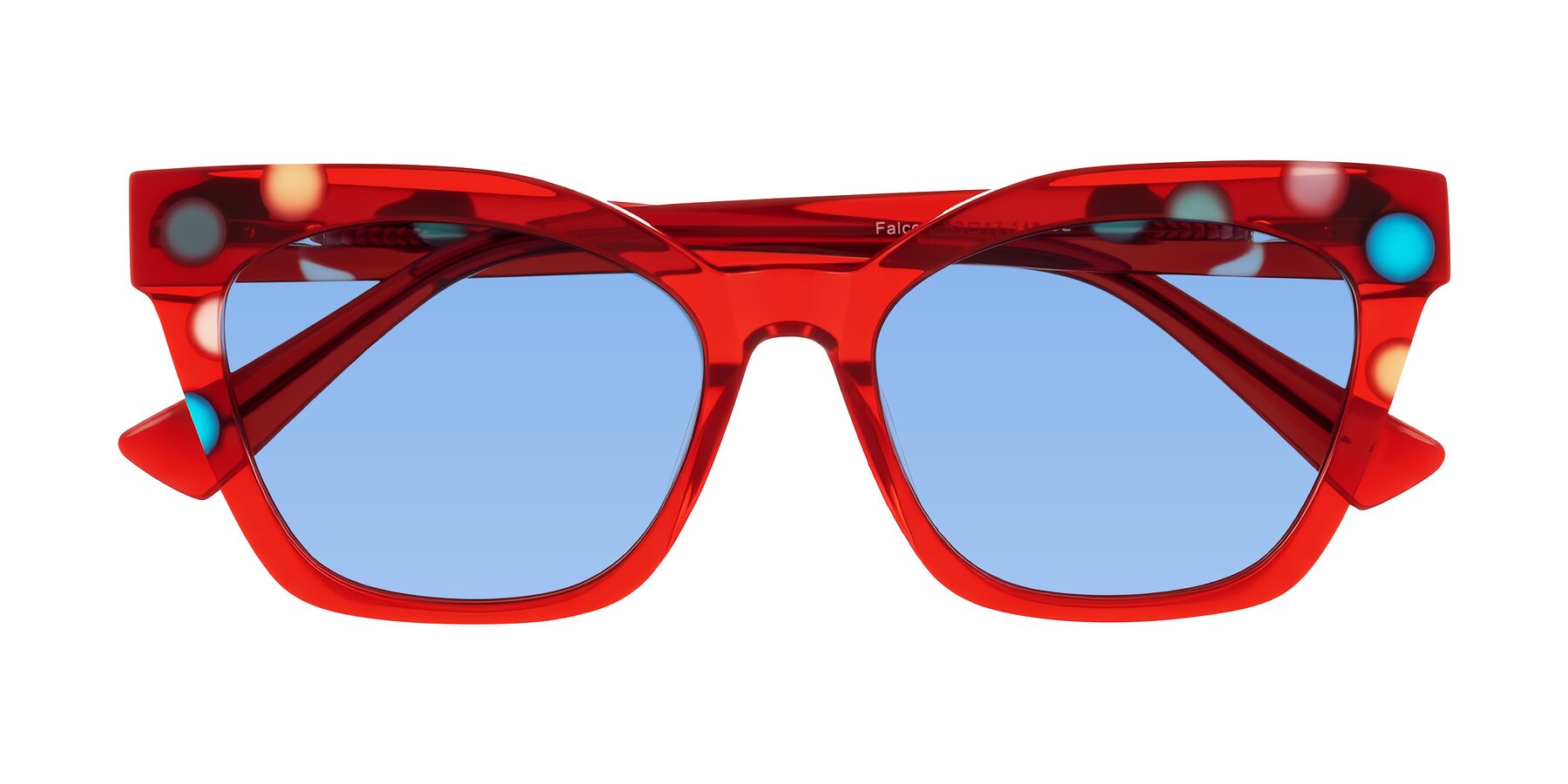 Folded Front of Falcon in Sage Dots with Medium Blue Tinted Lenses