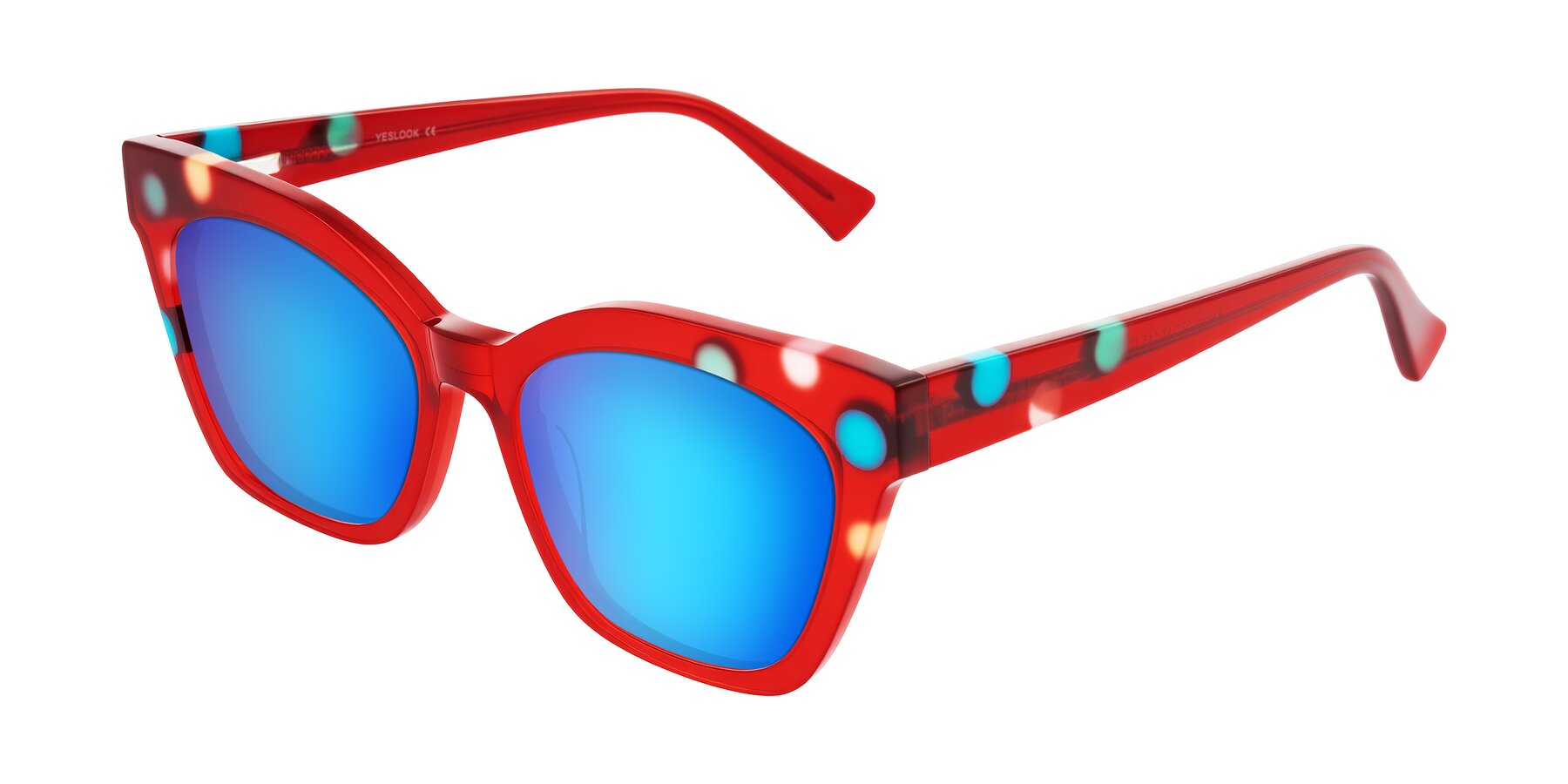 Angle of Falcon in Sage Dots with Blue Mirrored Lenses