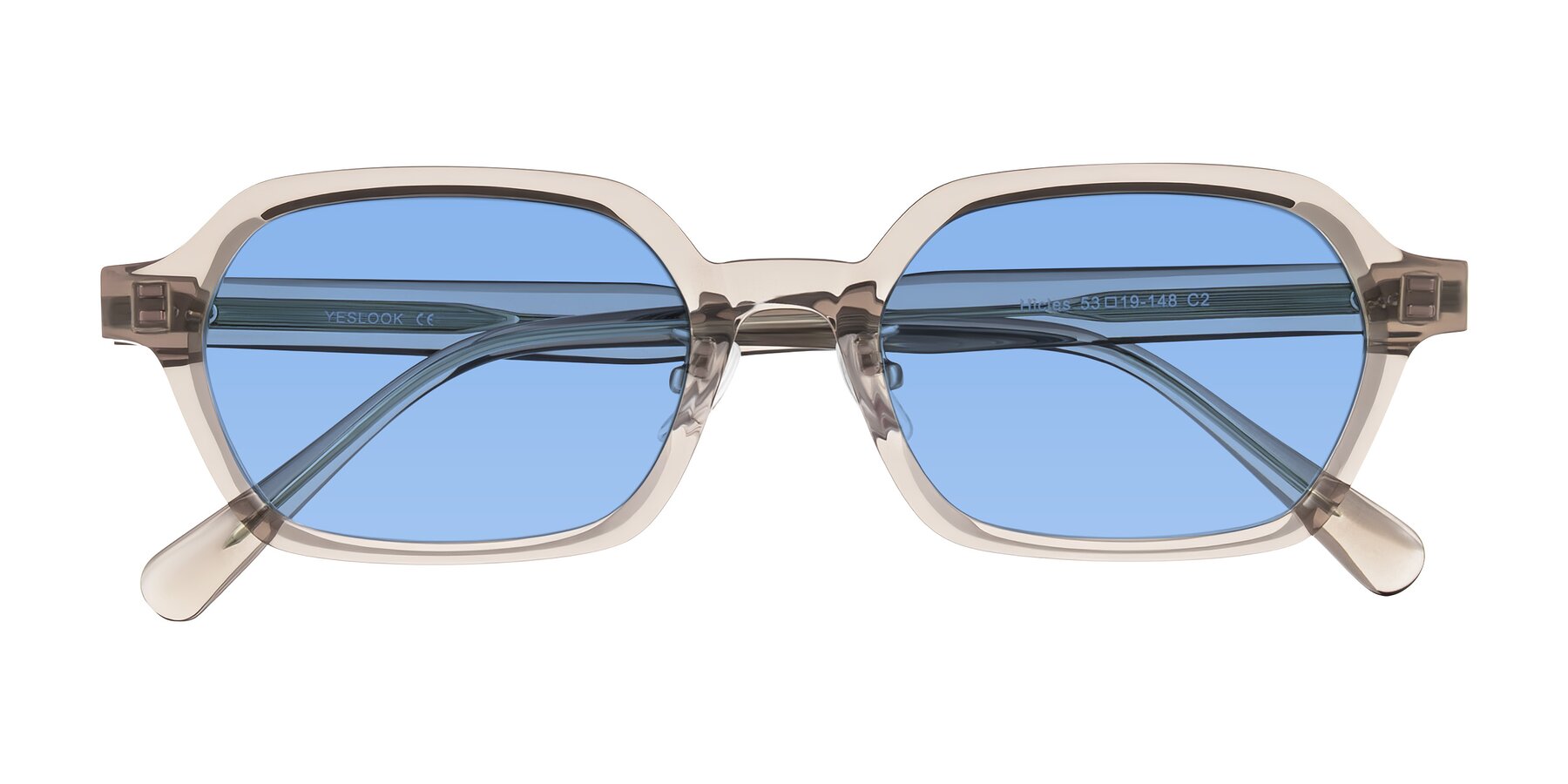 Folded Front of Hicles in Translucent Light Brown with Medium Blue Tinted Lenses