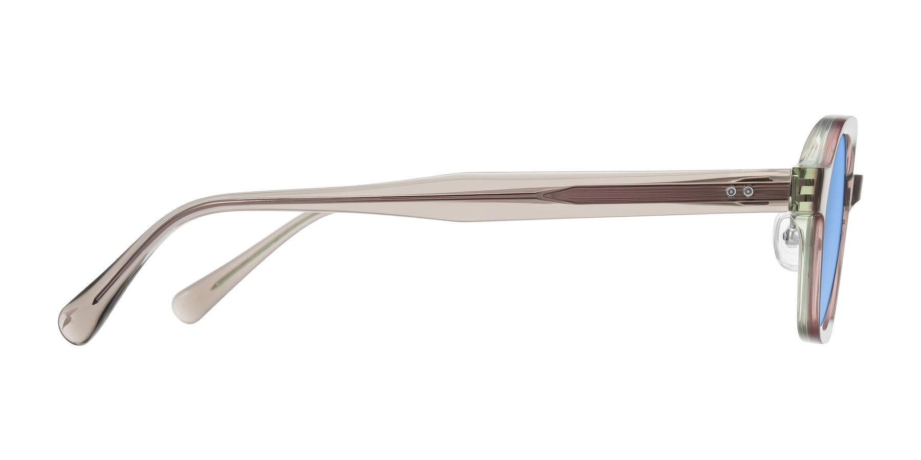 Side of Hicles in Translucent Light Brown with Medium Blue Tinted Lenses