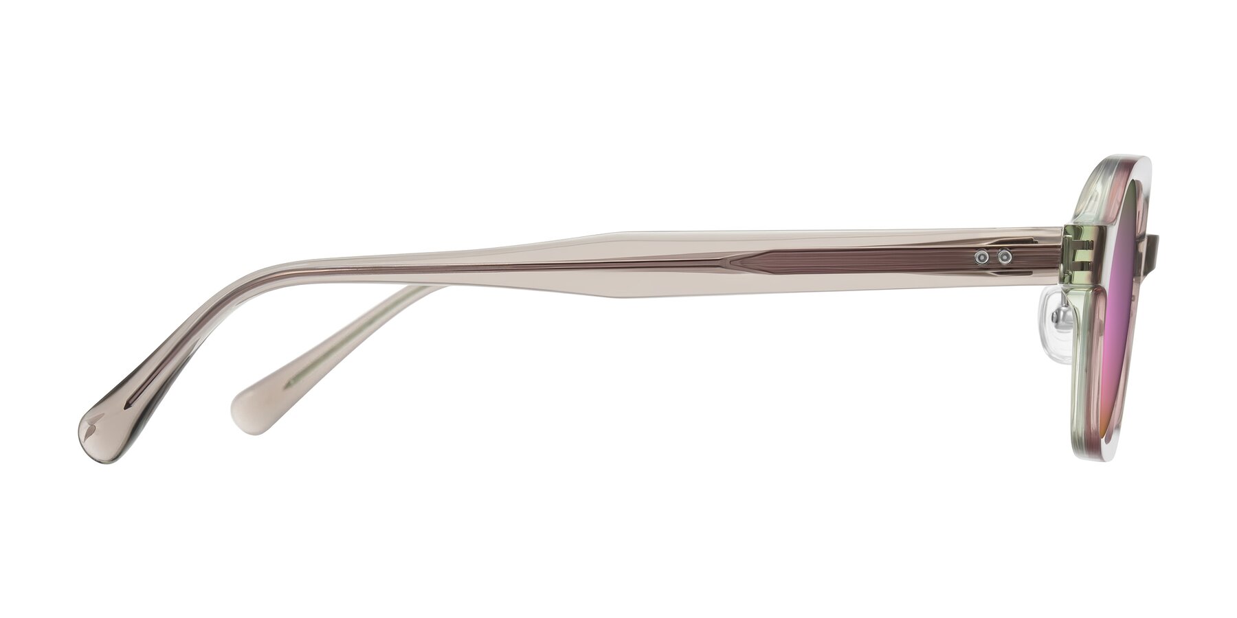 Side of Hicles in Translucent Light Brown with Pink Mirrored Lenses