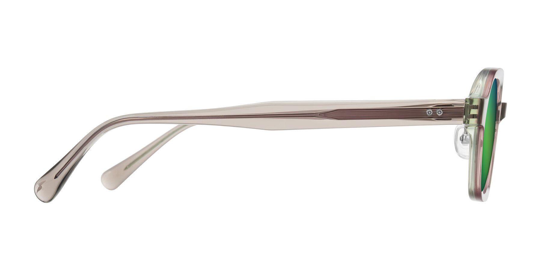 Side of Hicles in Translucent Light Brown with Green Mirrored Lenses