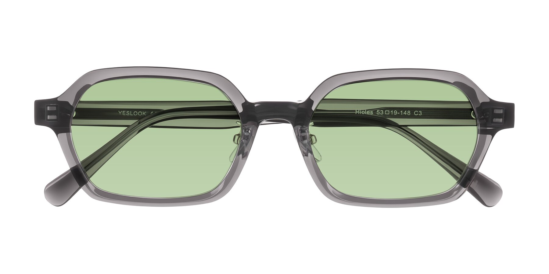 Folded Front of Hicles in Translucent Gray with Medium Green Tinted Lenses
