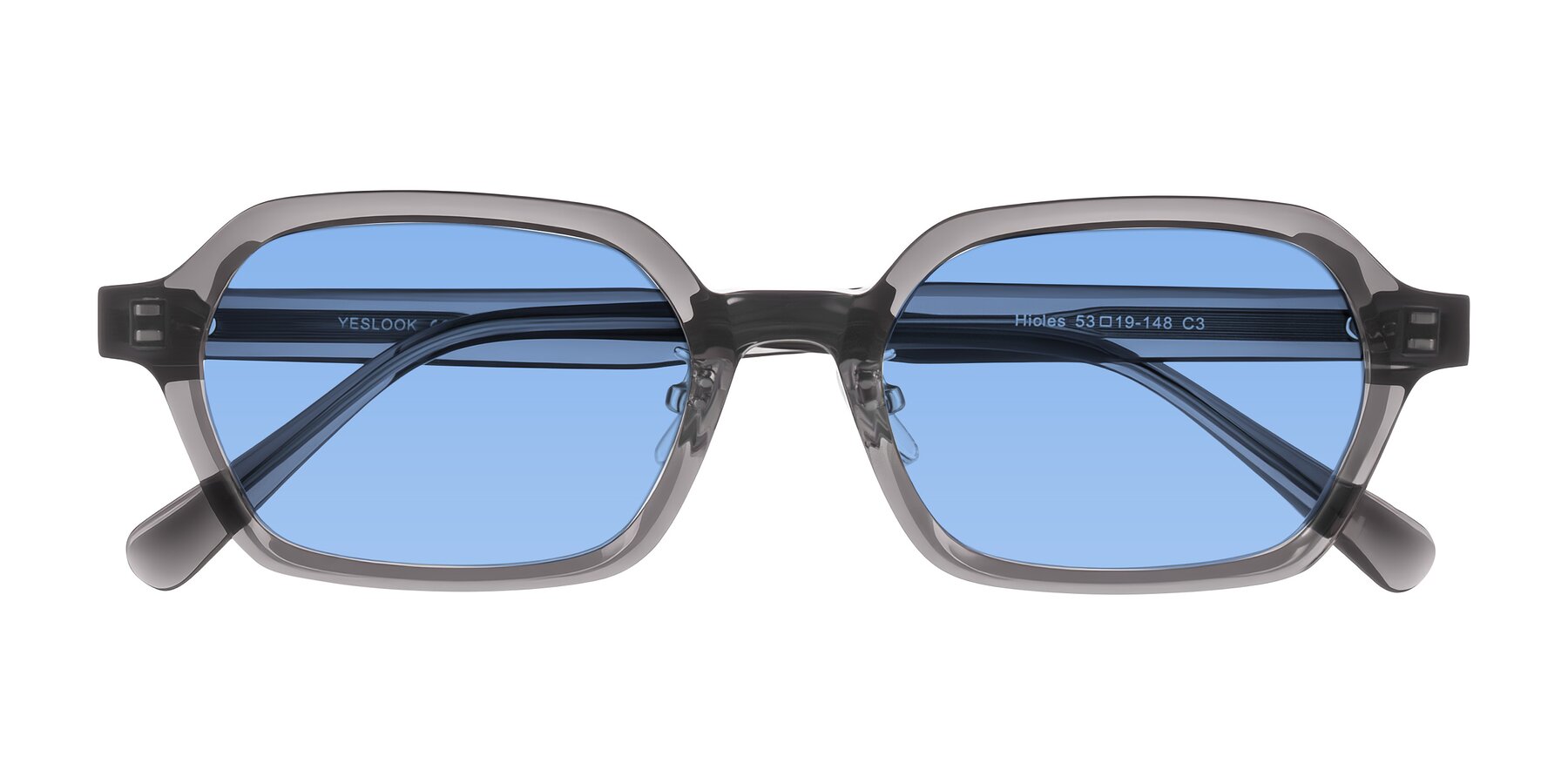 Folded Front of Hicles in Translucent Gray with Medium Blue Tinted Lenses