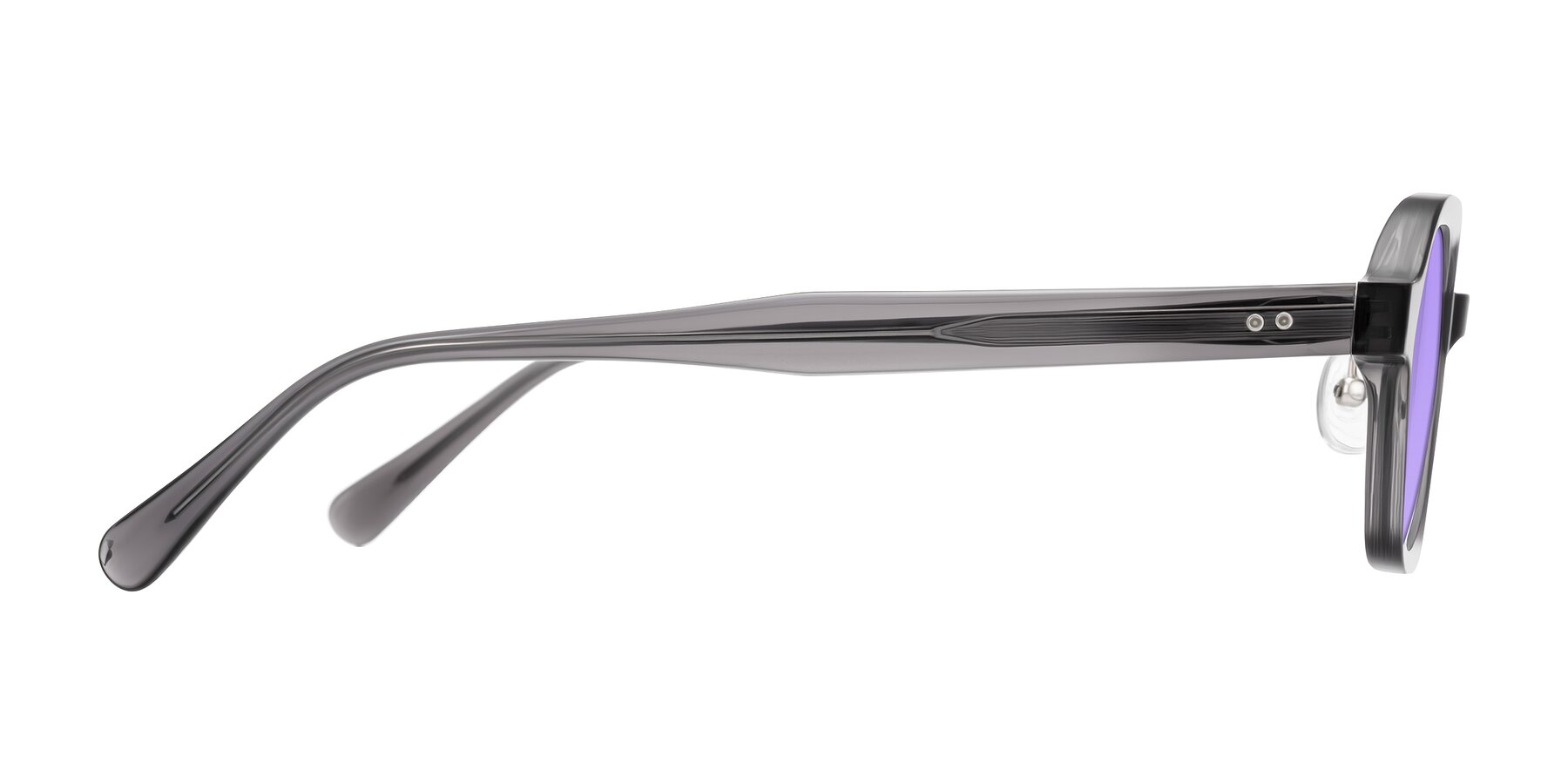 Side of Hicles in Translucent Gray with Medium Purple Tinted Lenses