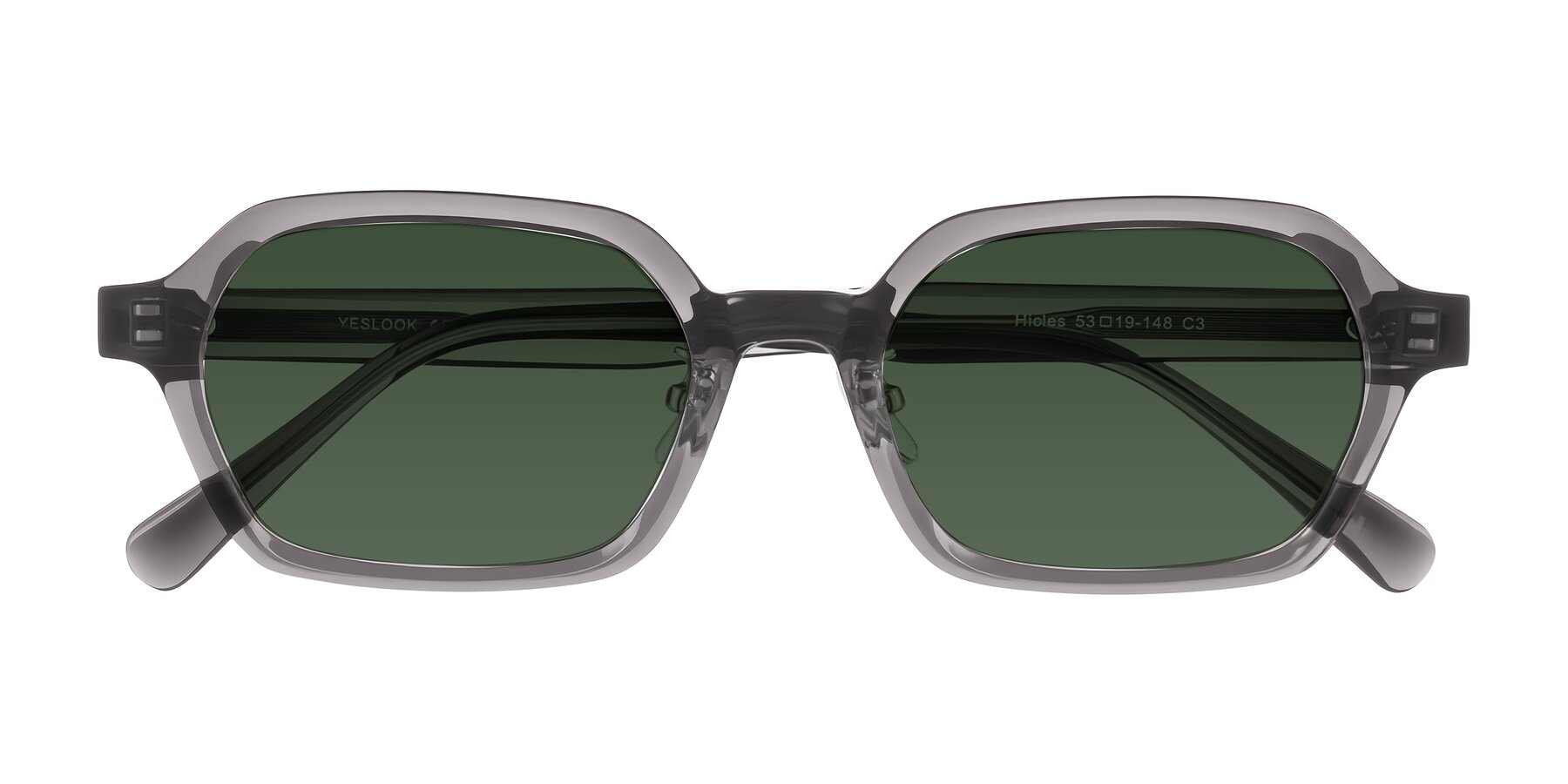 Folded Front of Hicles in Translucent Gray with Green Tinted Lenses
