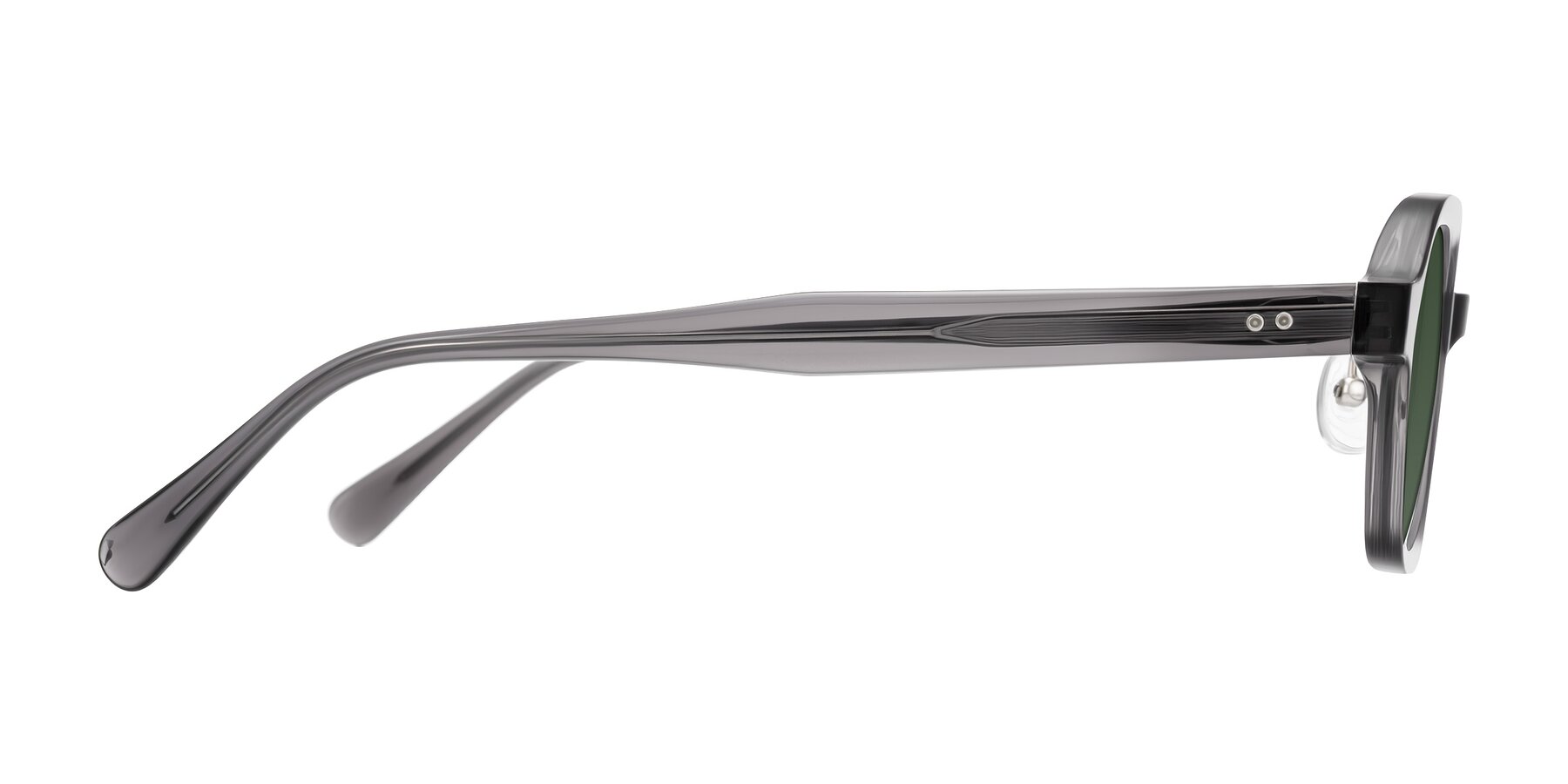 Side of Hicles in Translucent Gray with Green Tinted Lenses