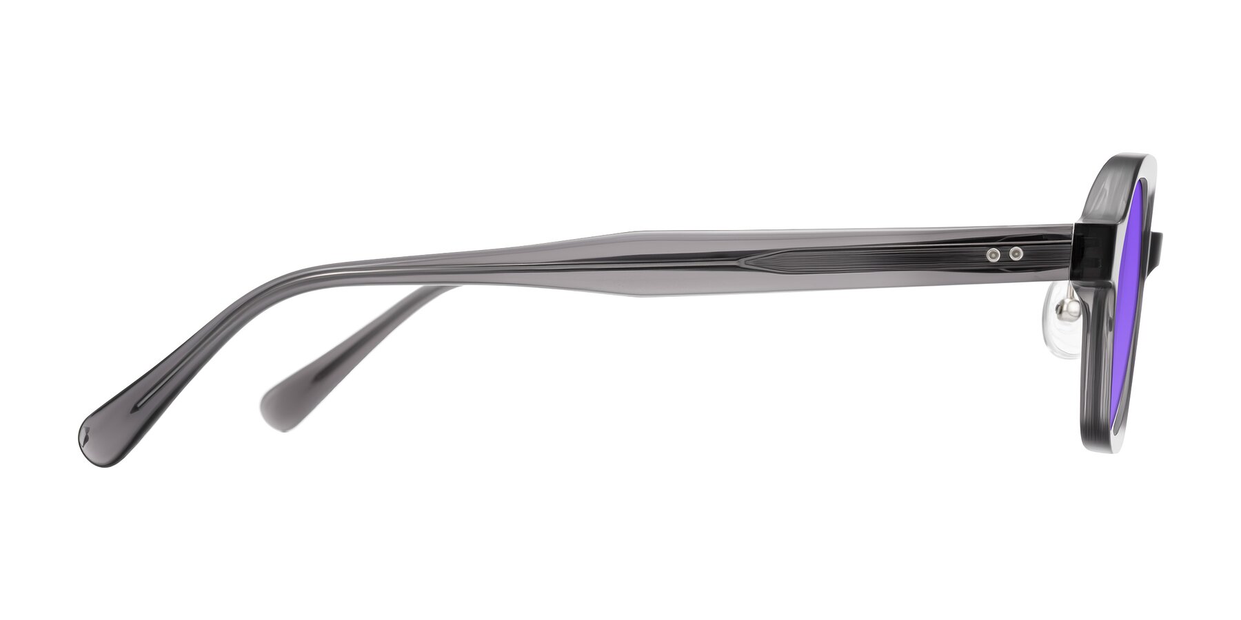 Side of Hicles in Translucent Gray with Purple Tinted Lenses