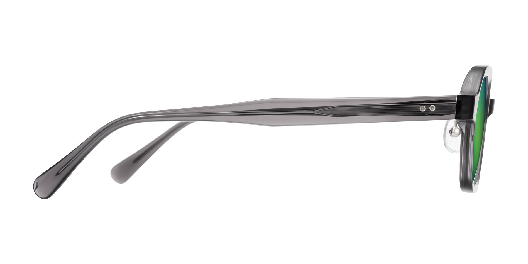 Side of Hicles in Translucent Gray with Green Mirrored Lenses