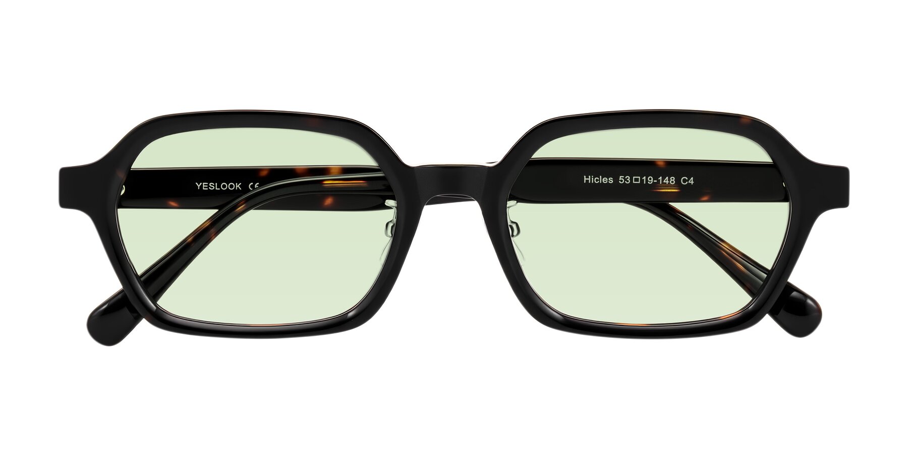 Folded Front of Hicles in Dark Tortoise with Light Green Tinted Lenses