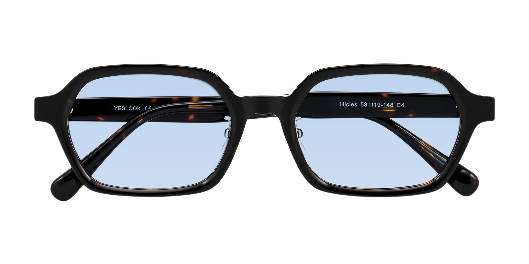 Folded Front of Hicles in Dark Tortoise with Light Blue Tinted Lenses