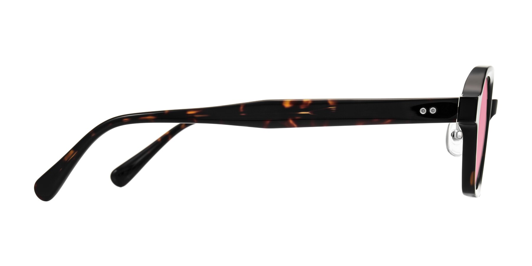 Side of Hicles in Dark Tortoise with Pink Tinted Lenses