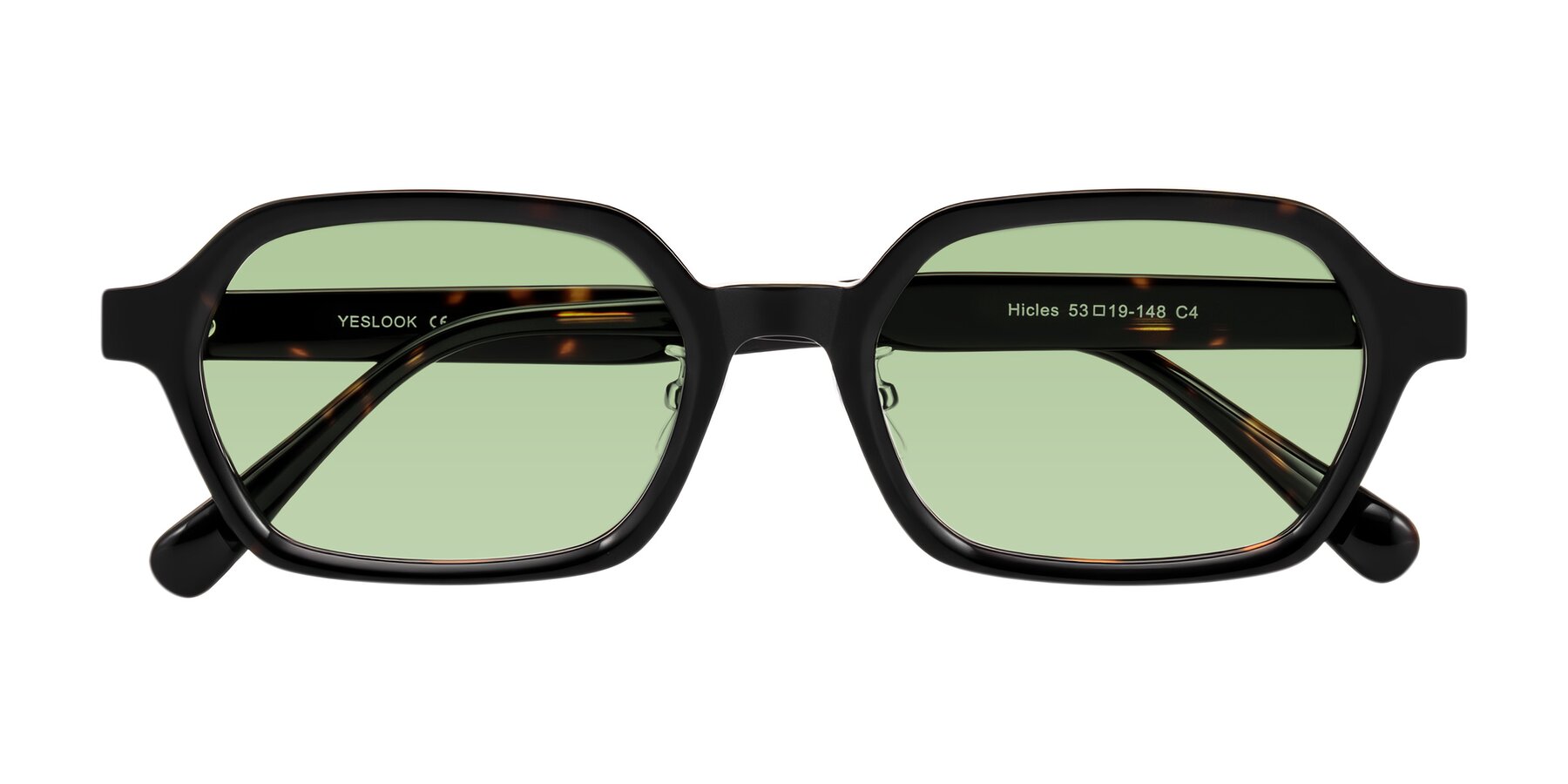 Folded Front of Hicles in Dark Tortoise with Medium Green Tinted Lenses