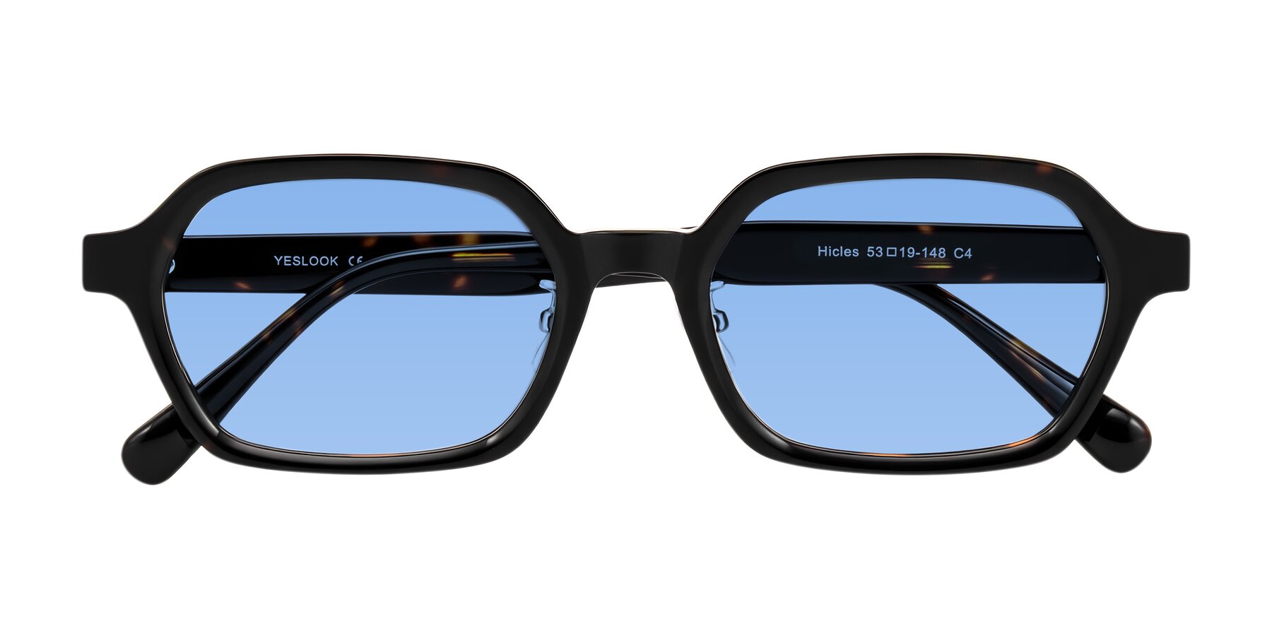 Folded Front of Hicles in Dark Tortoise with Medium Blue Tinted Lenses