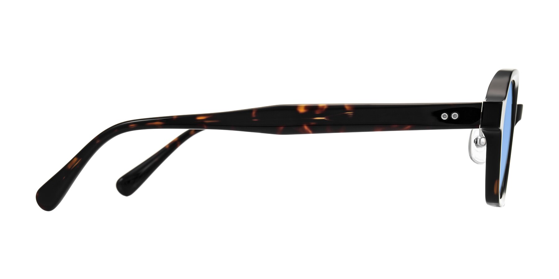 Side of Hicles in Dark Tortoise with Medium Blue Tinted Lenses