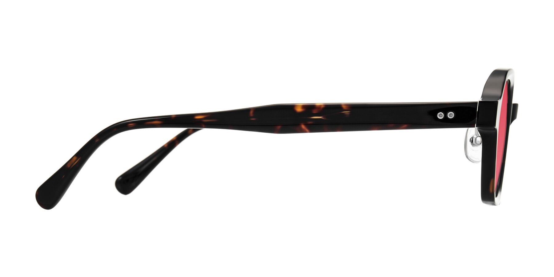 Side of Hicles in Dark Tortoise with Red Tinted Lenses