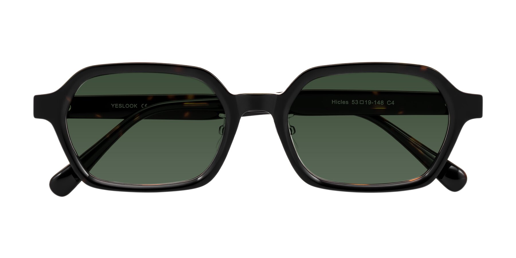Folded Front of Hicles in Dark Tortoise with Green Tinted Lenses