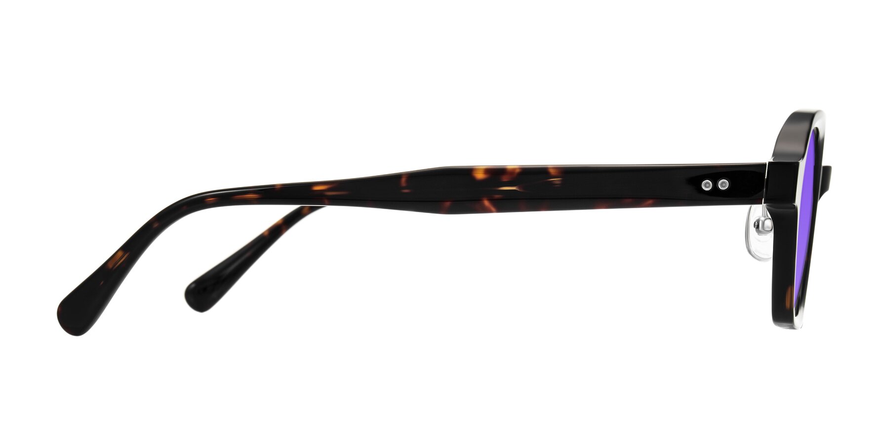 Side of Hicles in Dark Tortoise with Purple Tinted Lenses