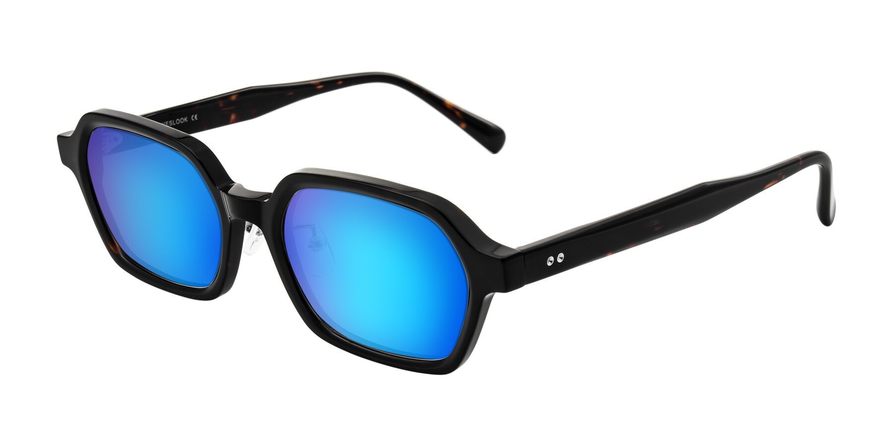 Angle of Hicles in Dark Tortoise with Blue Mirrored Lenses