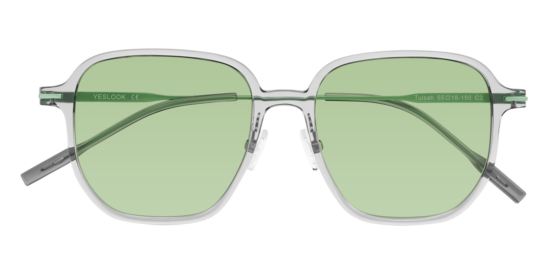 Folded Front of Tulsah in Transparent Gray with Medium Green Tinted Lenses