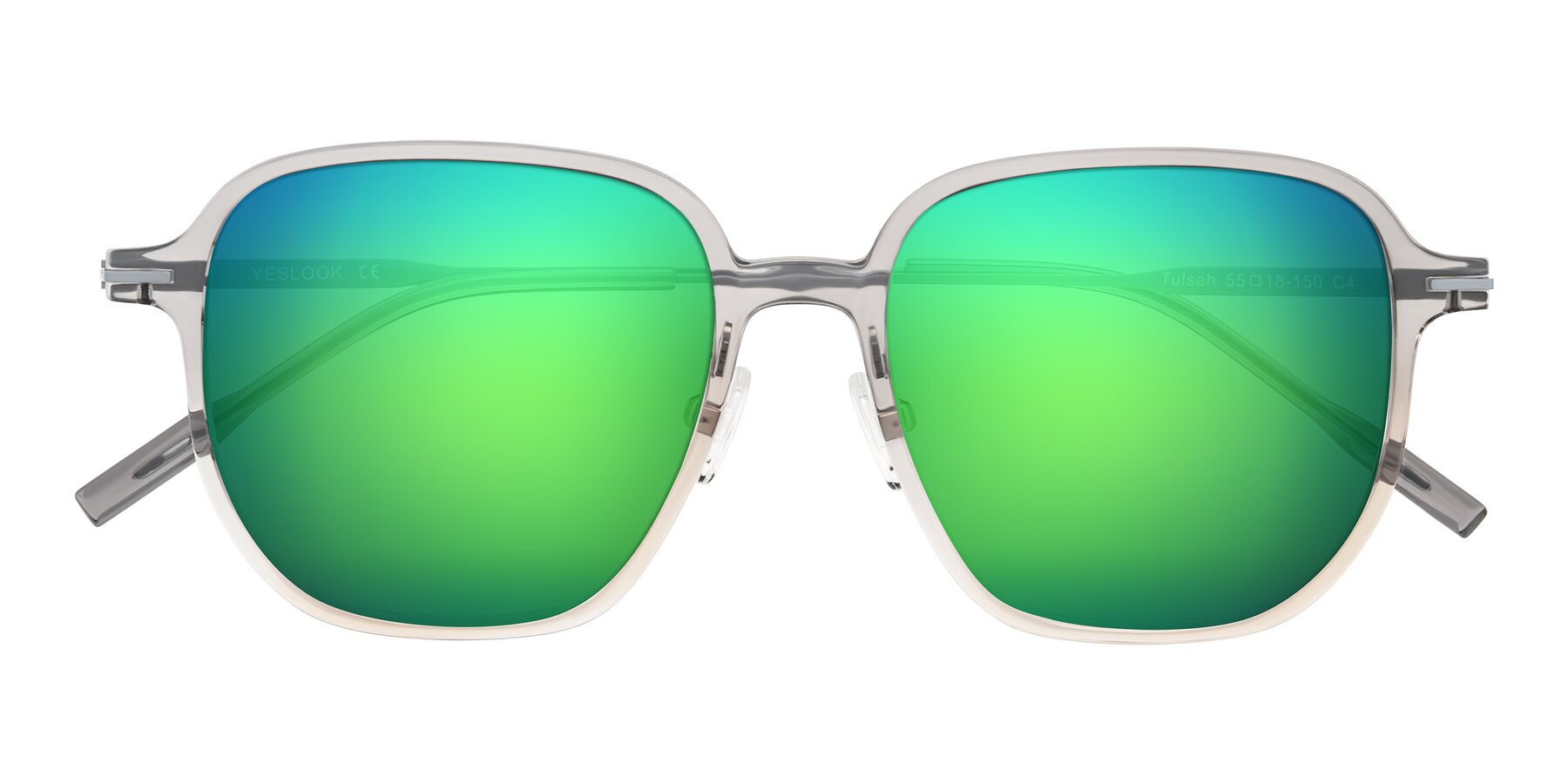 Folded Front of Tulsah in Gradient Light Gray/Brown with Green Mirrored Lenses