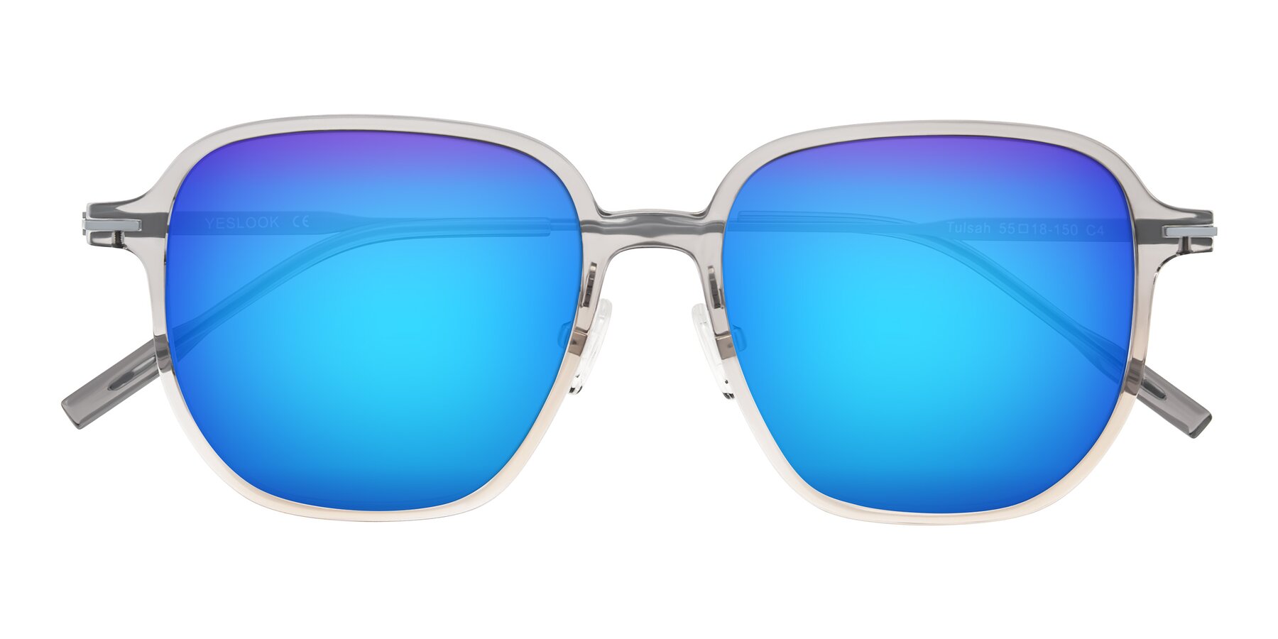 Folded Front of Tulsah in Gradient Light Gray/Brown with Blue Mirrored Lenses