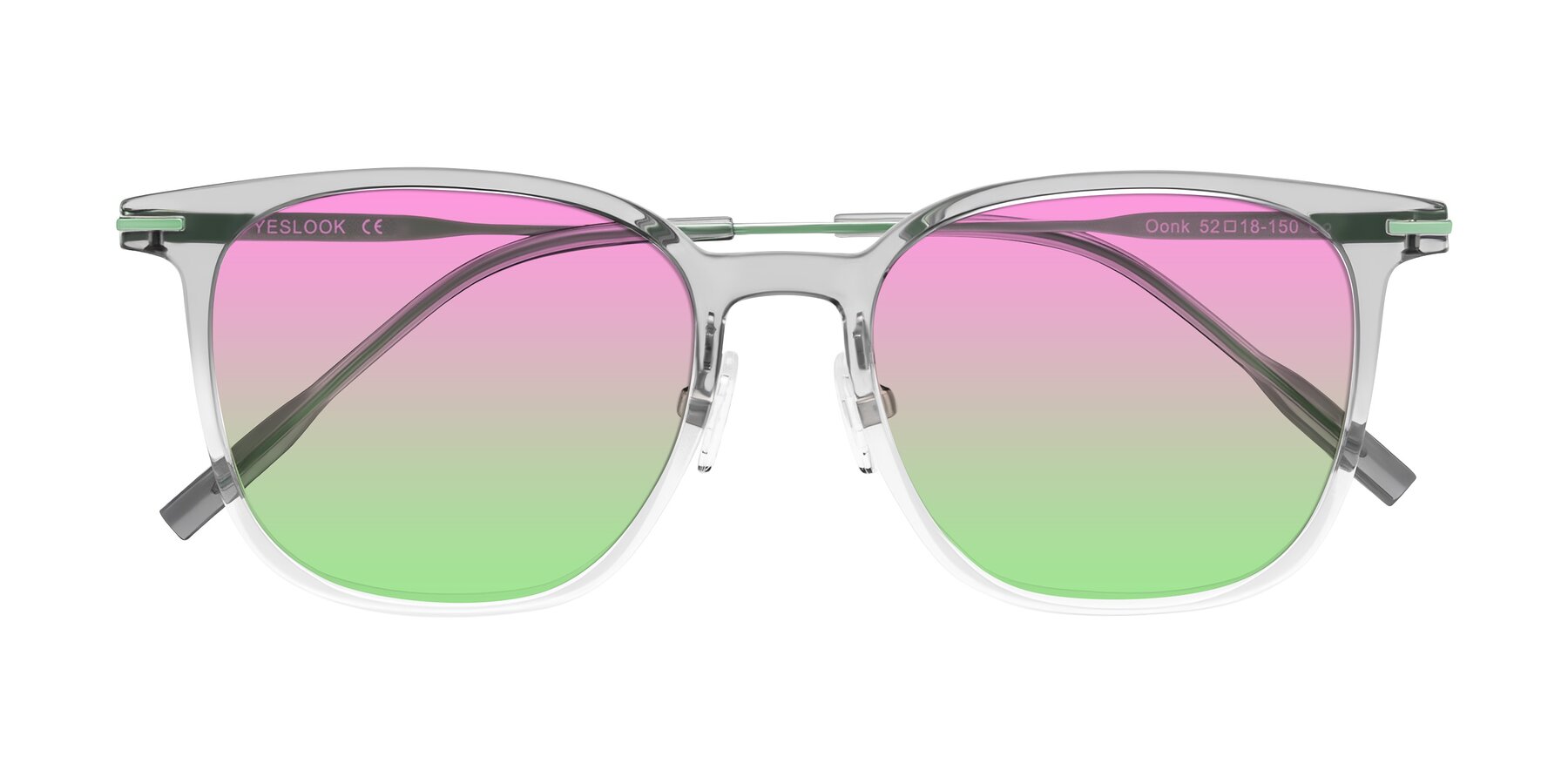 Folded Front of Oonk in Gradient Light Gray/Clear with Pink / Green Gradient Lenses